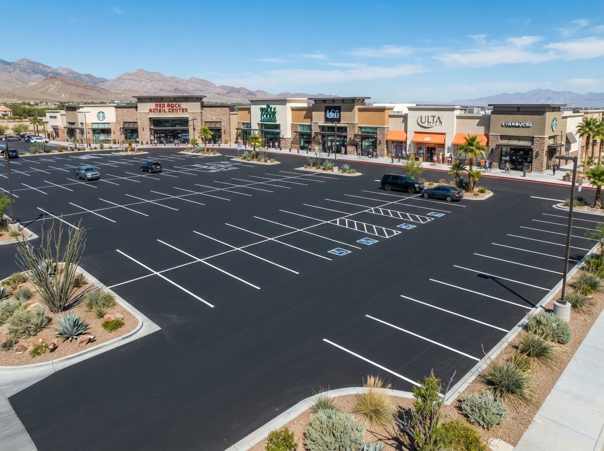 A repaved retail parking lot with fresh striping in Sunrise Manor, NV