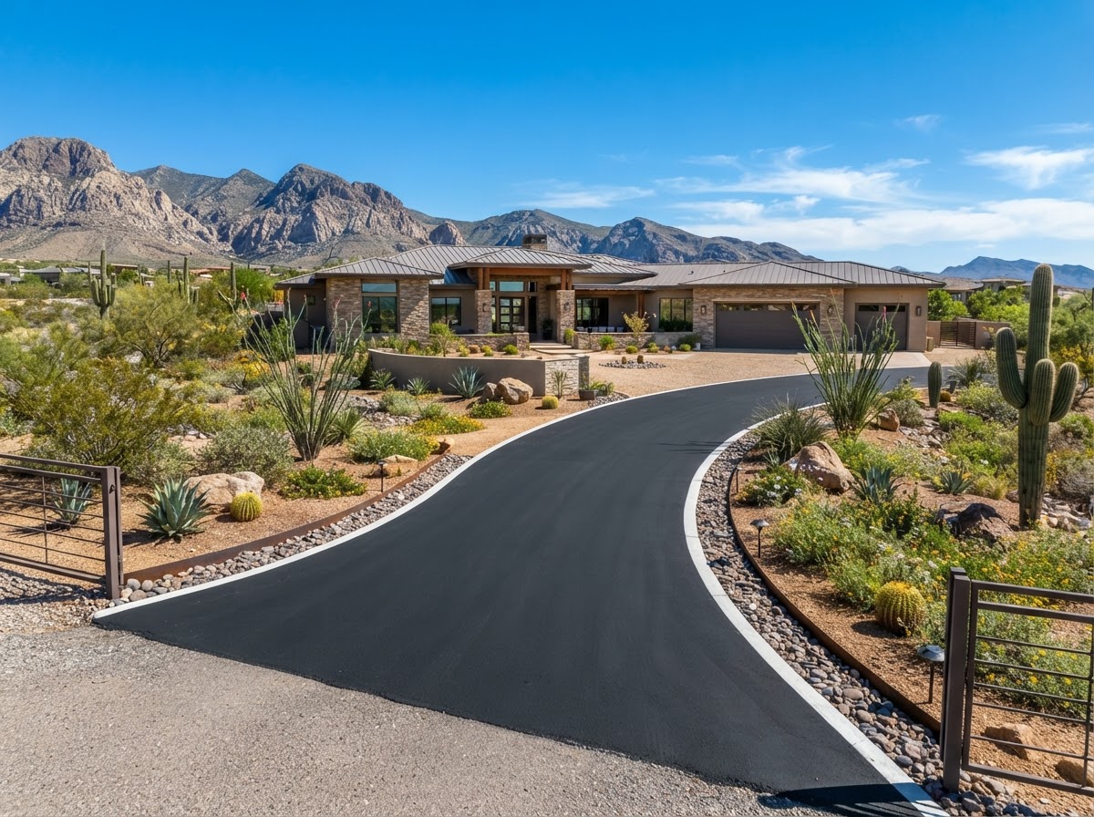 A long asphalt driveway on a larger lot in Sunrise Manor, NV