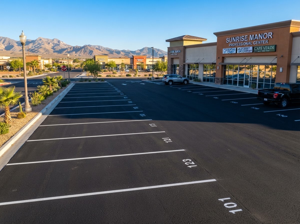 A freshly paved commercial parking lot with clean striping in Sunrise Manor, NV