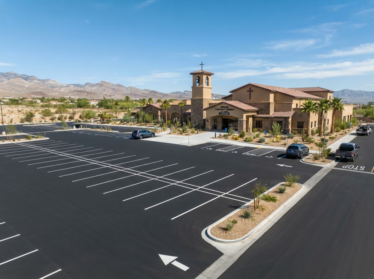 A freshly paved church parking lot in Sunrise Manor, NV