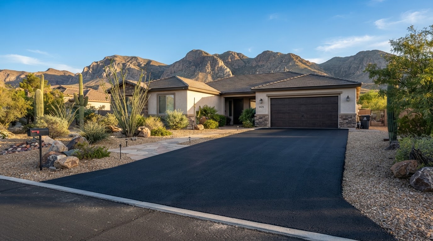 A smooth new asphalt driveway in front of a single story ranch style home in Sunrise Manor, NV at sunrise with desert mountains behind