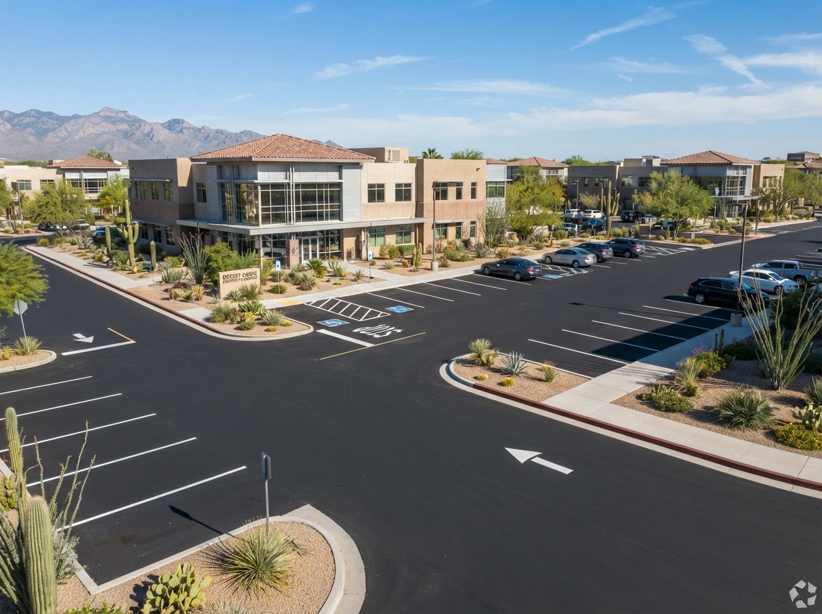 A freshly paved office park parking lot in Sunrise Manor, NV