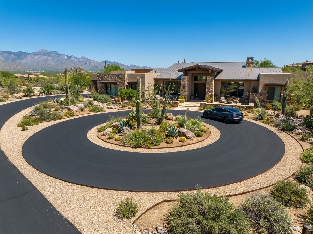 A curved asphalt driveway in front of a desert home in Sunrise Manor, NV