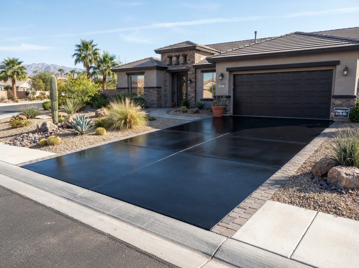 A sealcoated residential driveway with a deep black finish in Sunrise Manor, NV