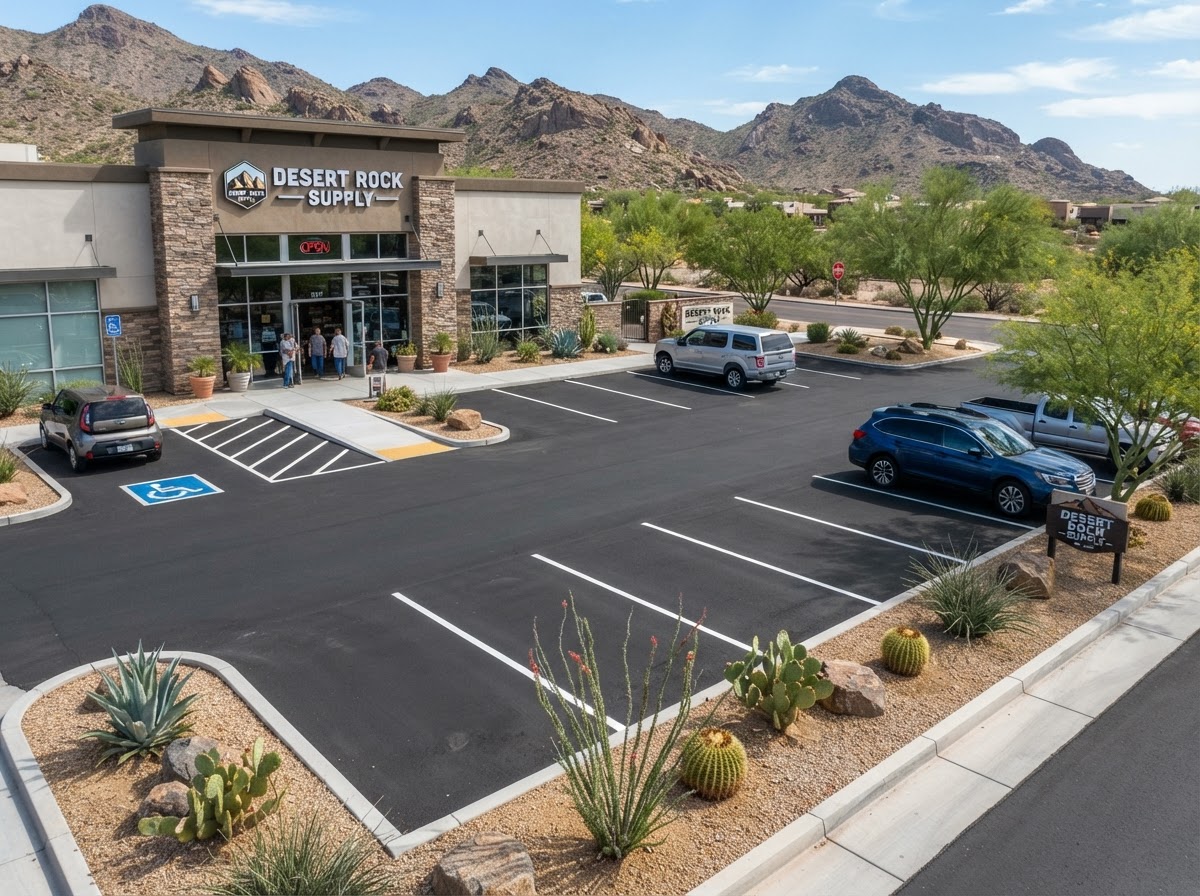 A small business parking lot with a clear accessible layout in Sunrise Manor, NV