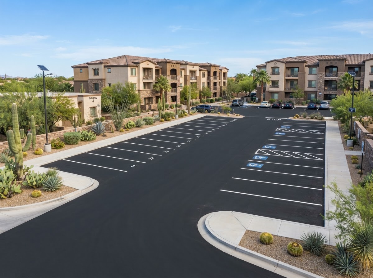 A freshly paved apartment community parking lot in Sunrise Manor, NV