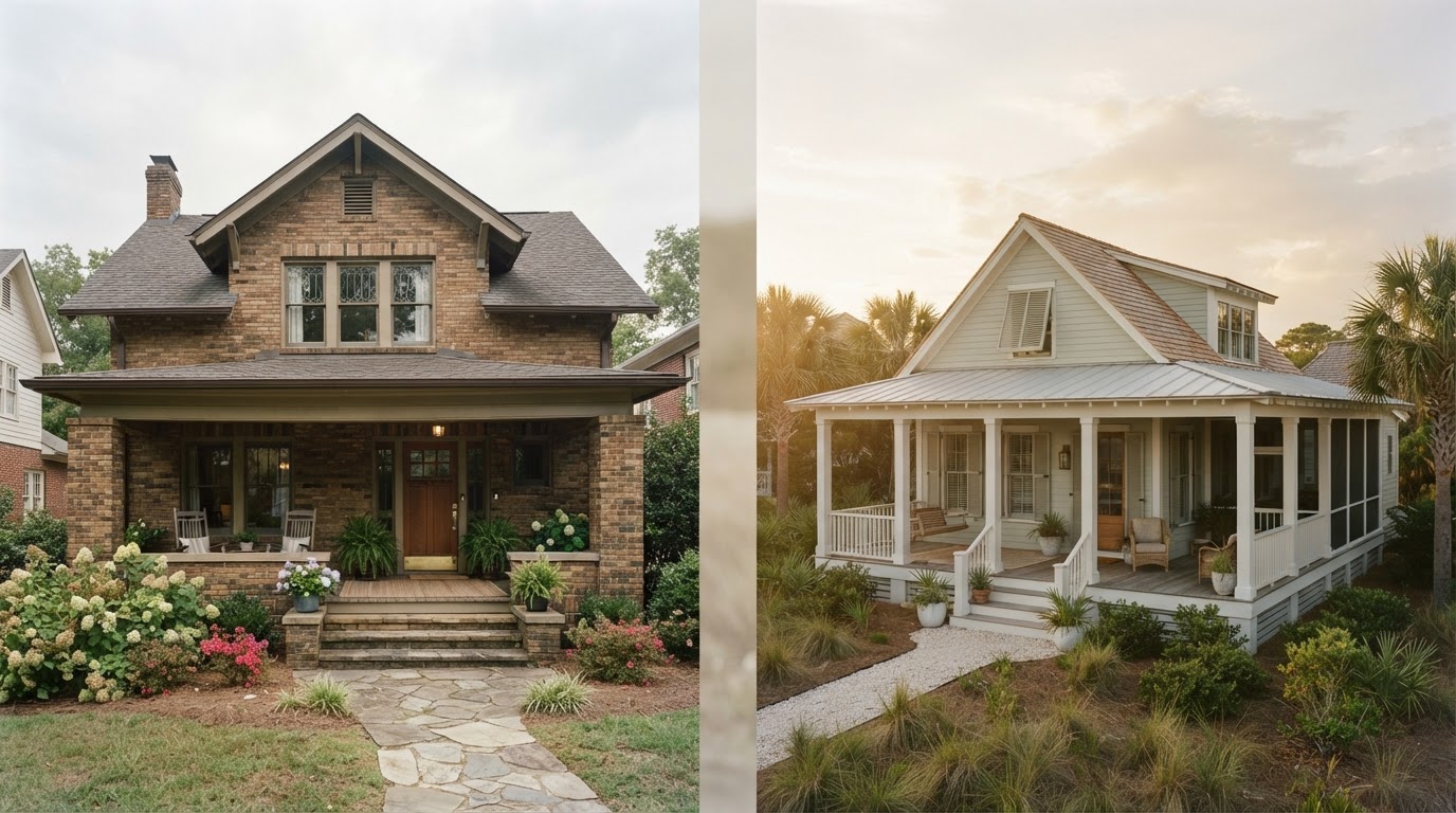 A diptych of two established homes in different regions separated by soft negative space — leaving one real place and establishing another