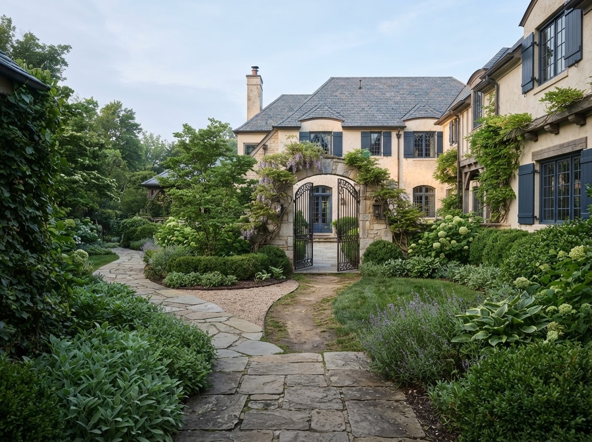 Several garden walkways converging toward one open gate in soft morning light — complexity becoming clarity