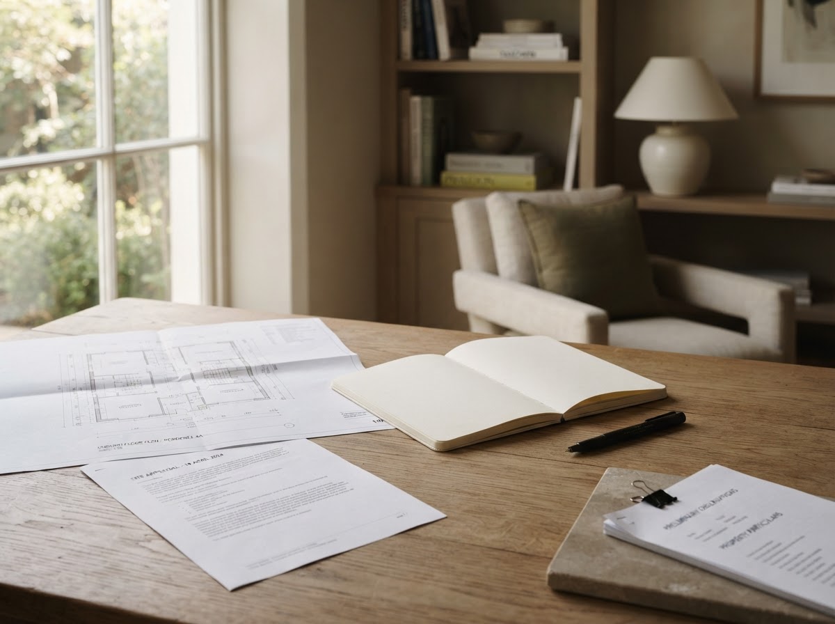 A quiet desk by a window with a notebook, pen, and floor plan — weighing more than one option before deciding