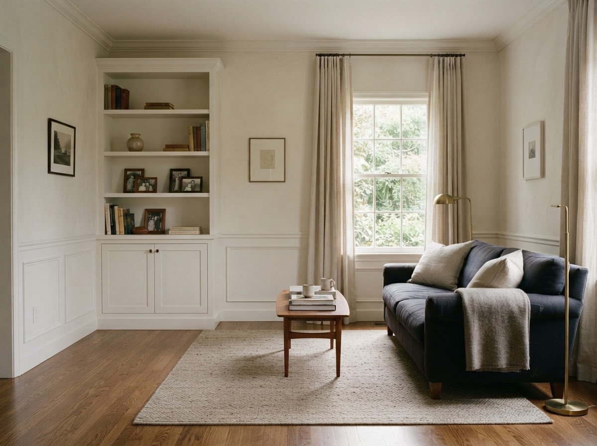 An established living room with curtains drawn open to soft morning light — a property quietly becoming ready to meet the market