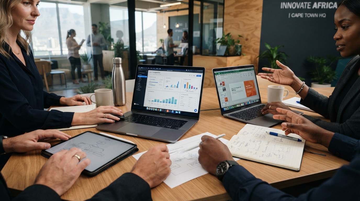 A professional team collaborating around a desk with laptops