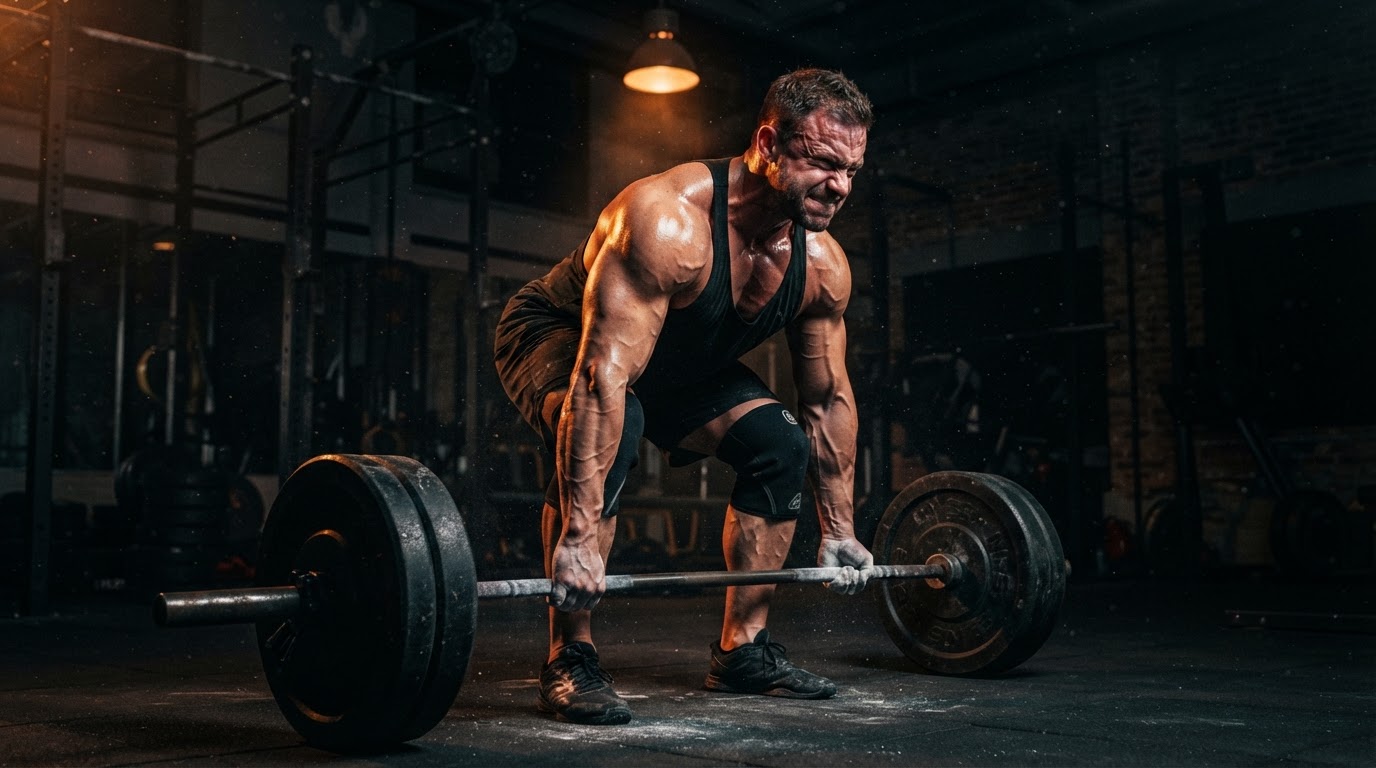 Athlete training in a dark industrial gym with ember-orange lighting