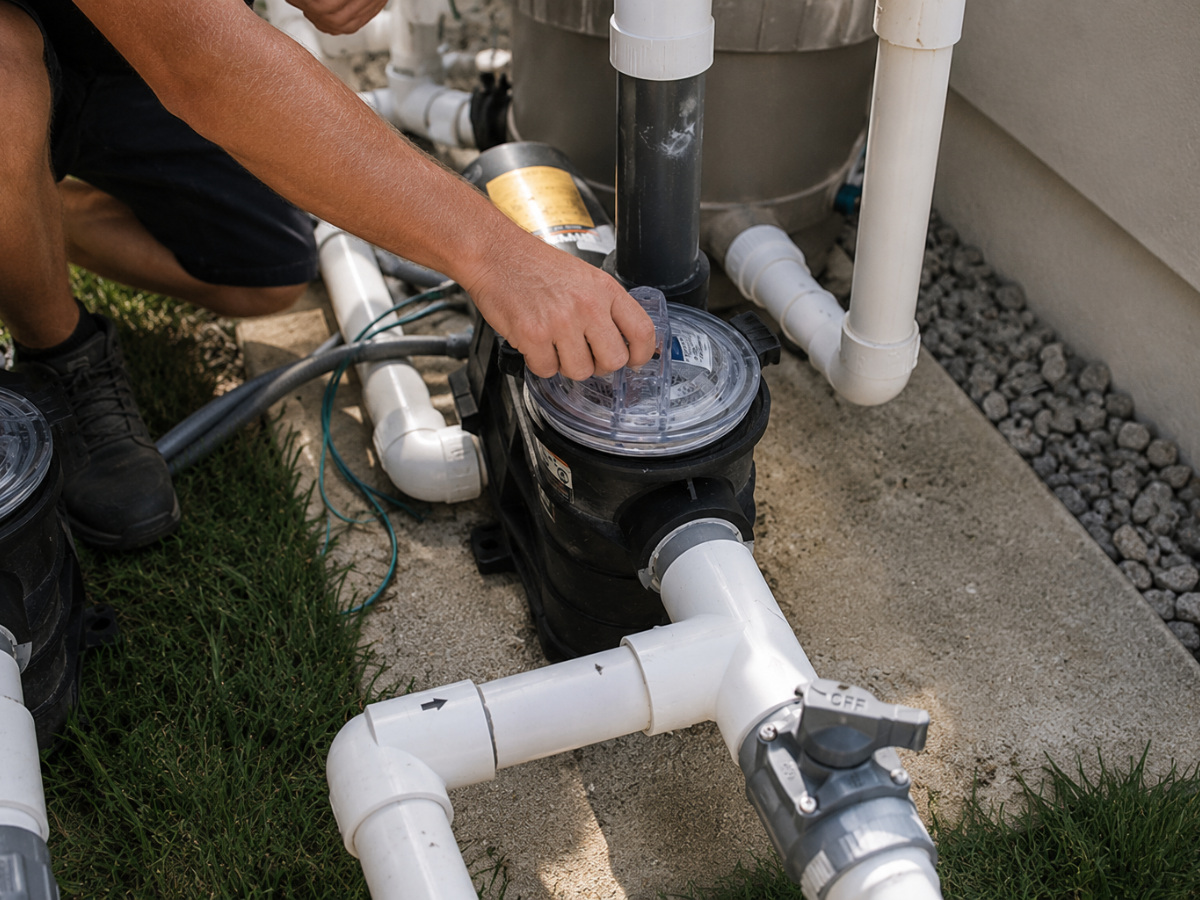 Pool technician checking and servicing a residential pool pump strainer basket and motor