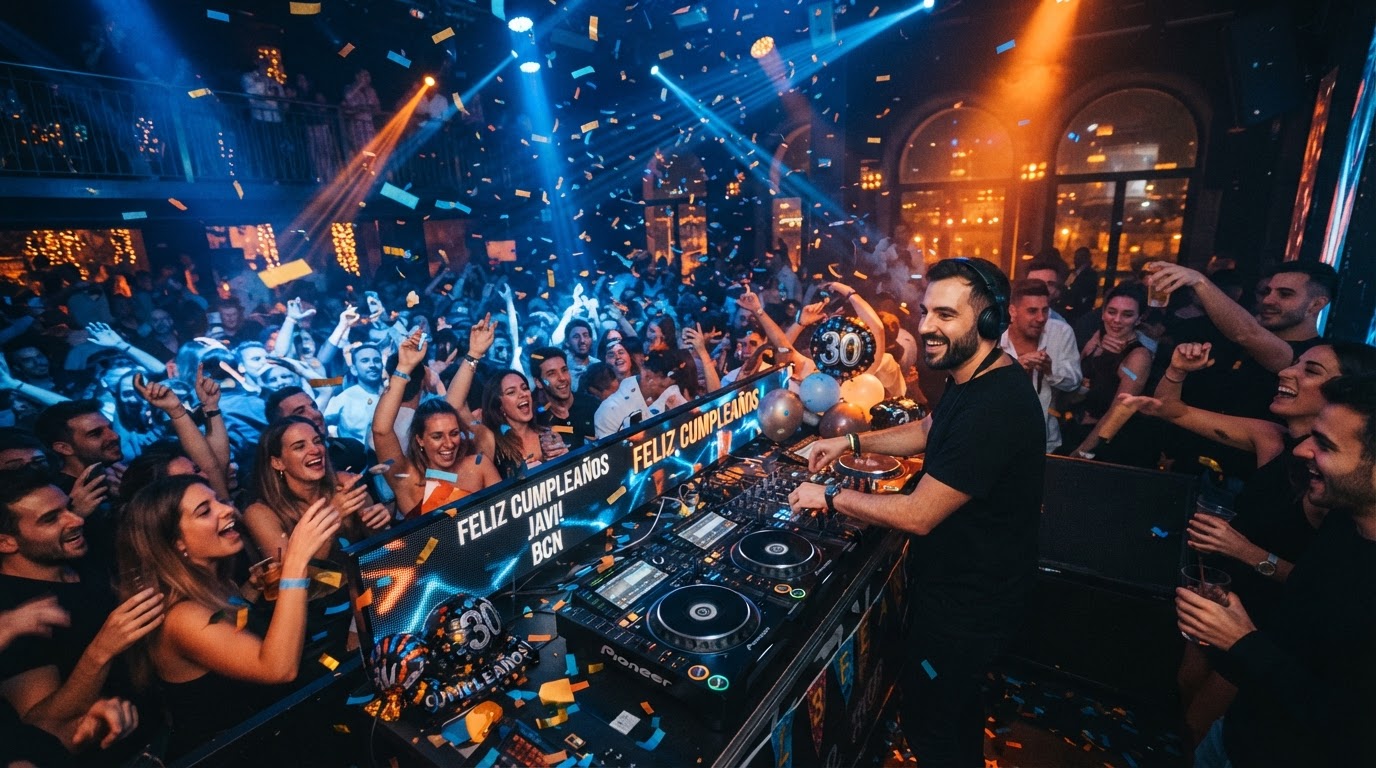Evento DJ y cumpleaños en Barcelona con iluminación azul y naranja