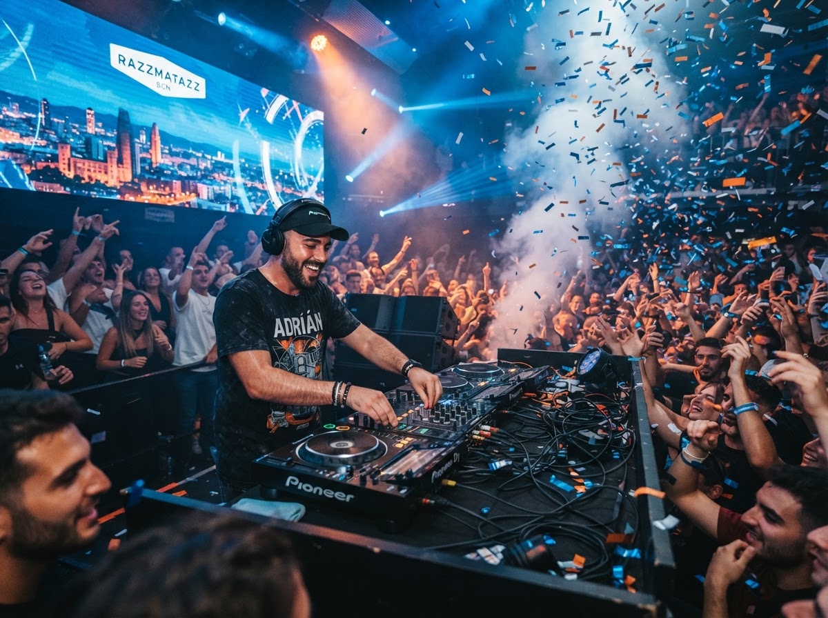 DJ actuando en un evento en Barcelona con iluminación azul y naranja