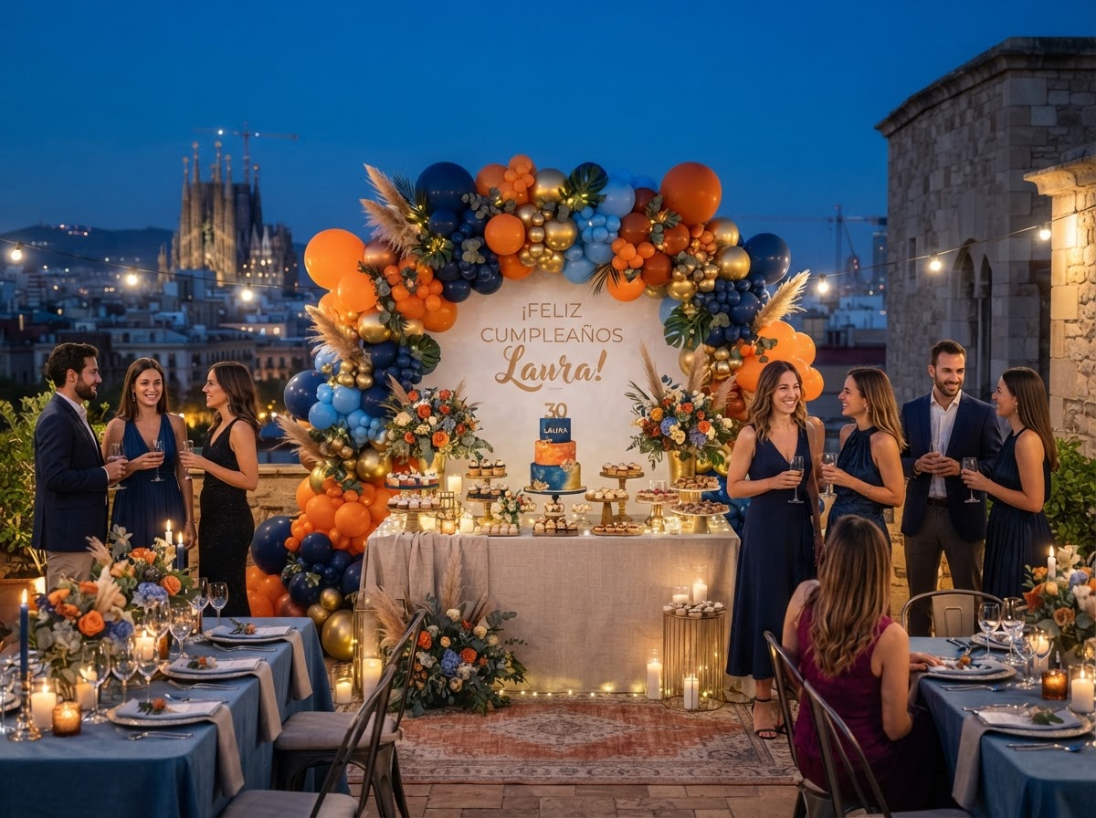 Montaje de un cumpleaños temático en Barcelona con decoración azul y naranja