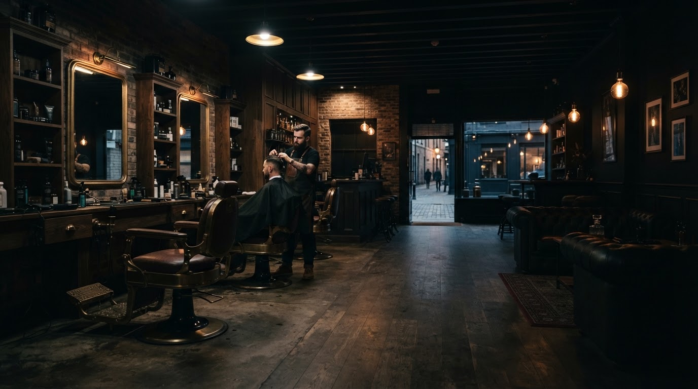 Premium barbershop interior with dramatic lighting