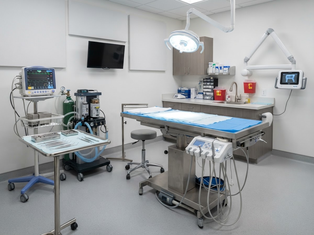 Modern veterinary dental suite with ultrasonic scaling equipment and monitoring monitors