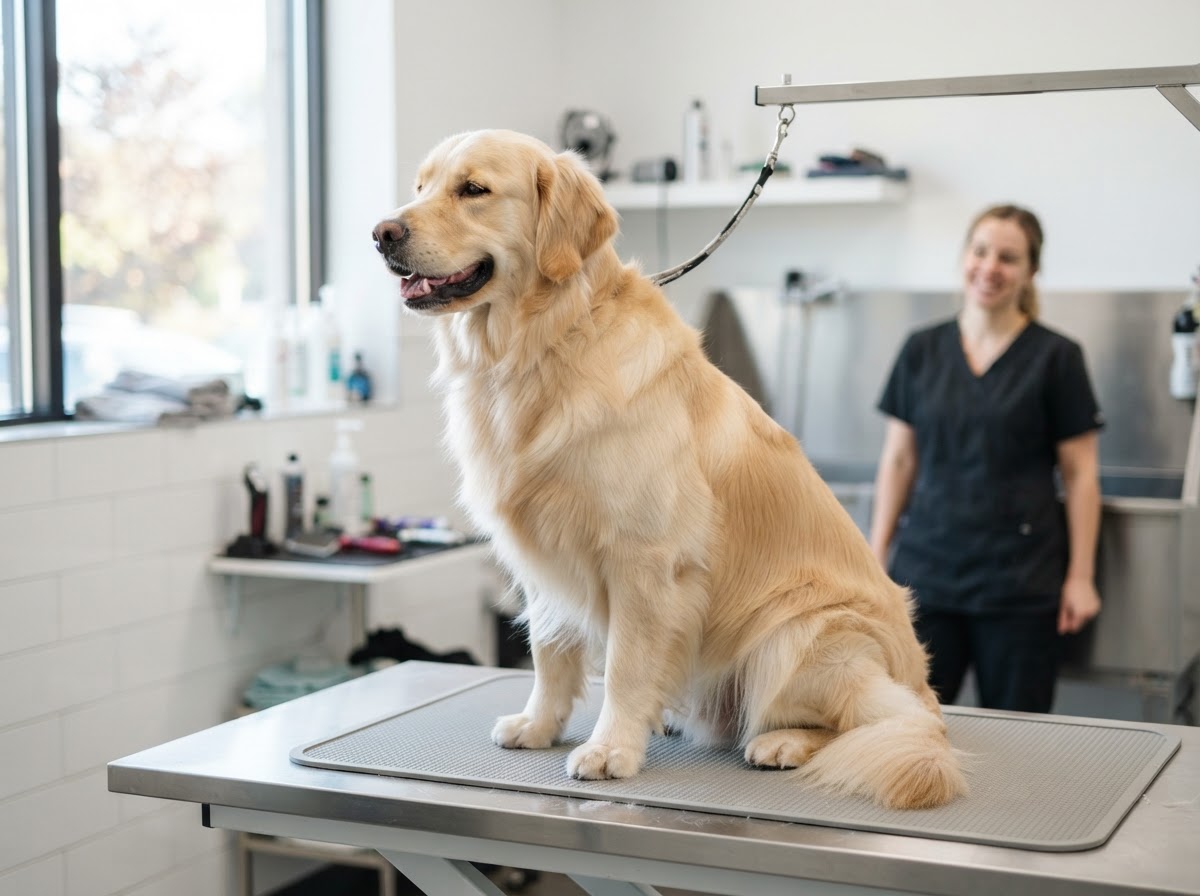 Same golden retriever clean, fluffy and freshly groomed on the grooming table after the spa groom