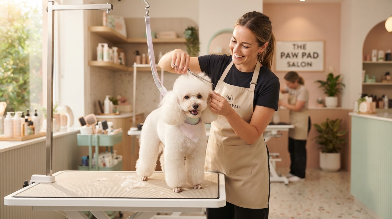 Professional dog groomer styling a happy freshly-bathed poodle in a bright salon