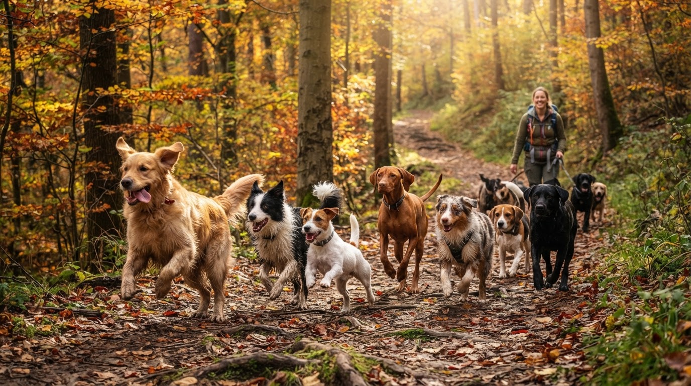 Happy dogs of different breeds running and playing together on a forest trail