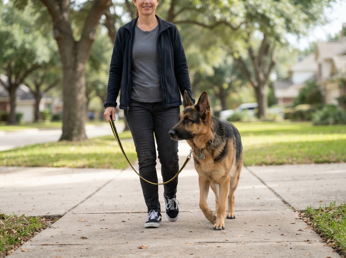 Same German Shepherd walking calmly on a loose leash after training on the same sidewalk