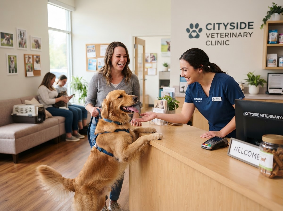 Veterinary technician in scrubs warmly greeting a happy dog and owner at the clinic reception
