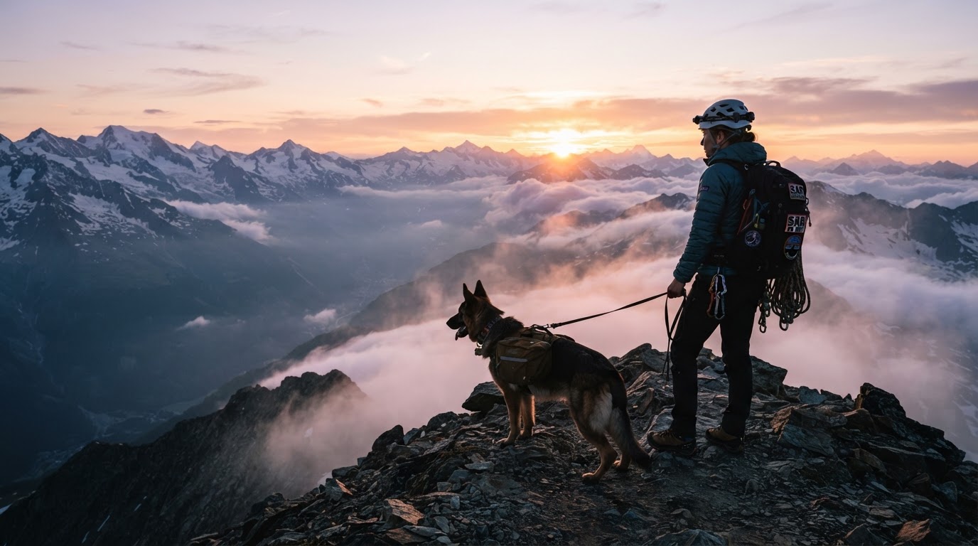 Search and rescue K9 team silhouetted on a mountain summit ridge at sunrise