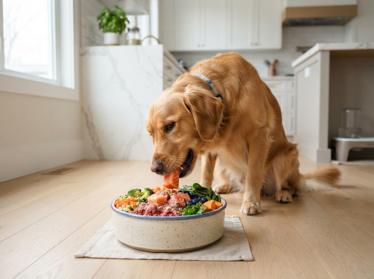 Happy healthy dog eating a fresh colorful raw meal from a ceramic bowl on a kitchen floor