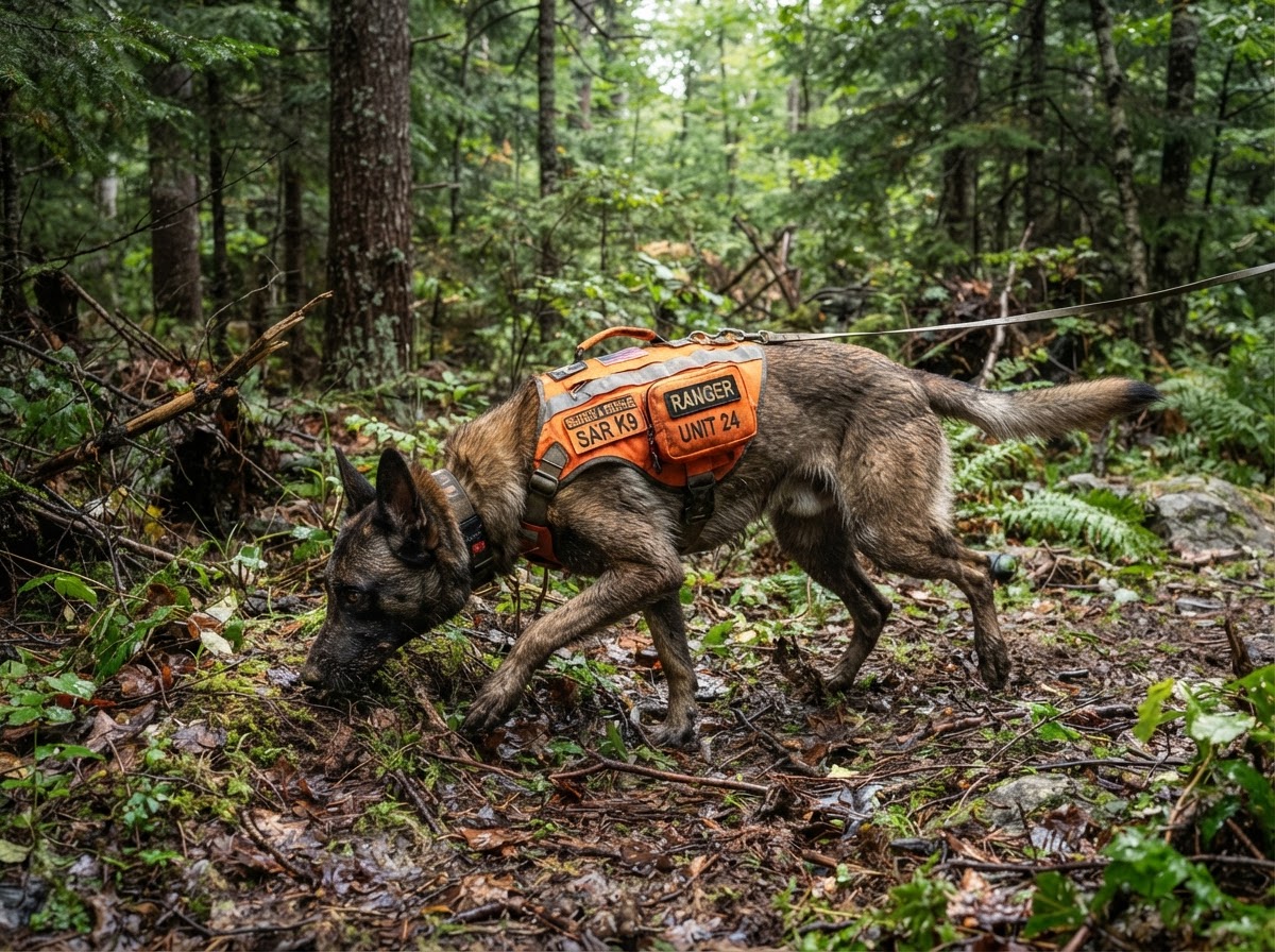 Search-and-rescue dog tracking a scent with nose to the ground across a forest floor