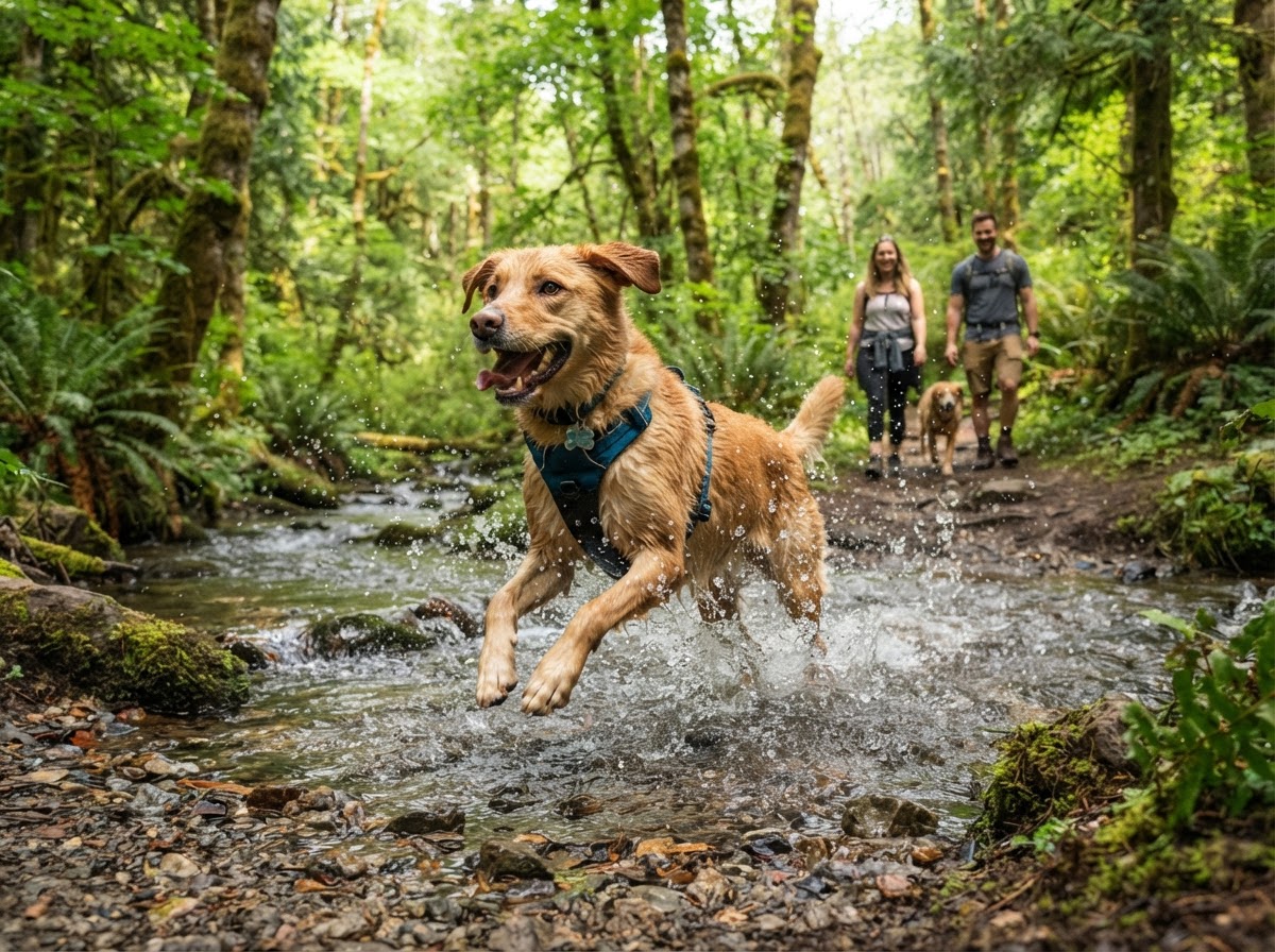Happy dog mid-splash running through a shallow forest creek on a group adventure hike