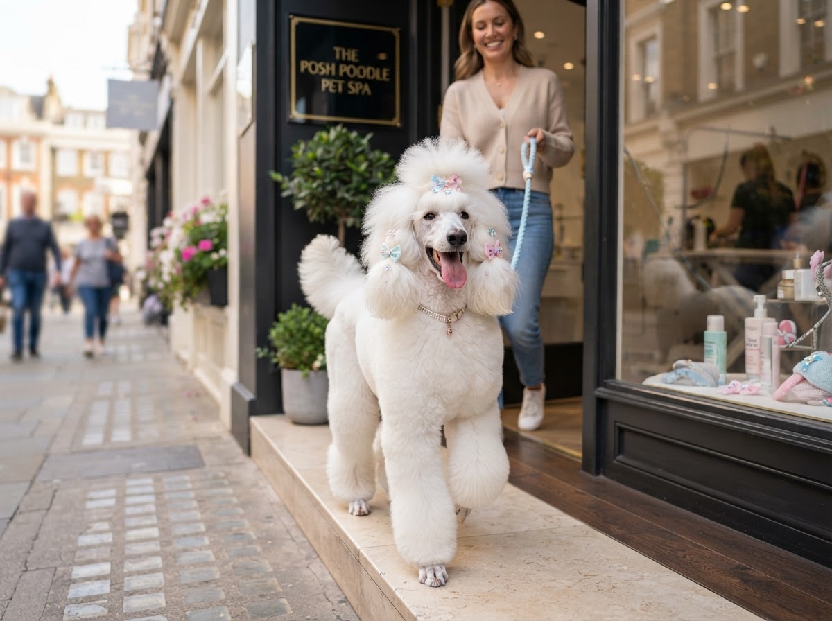 Happy freshly groomed fluffy white poodle strutting out of the salon