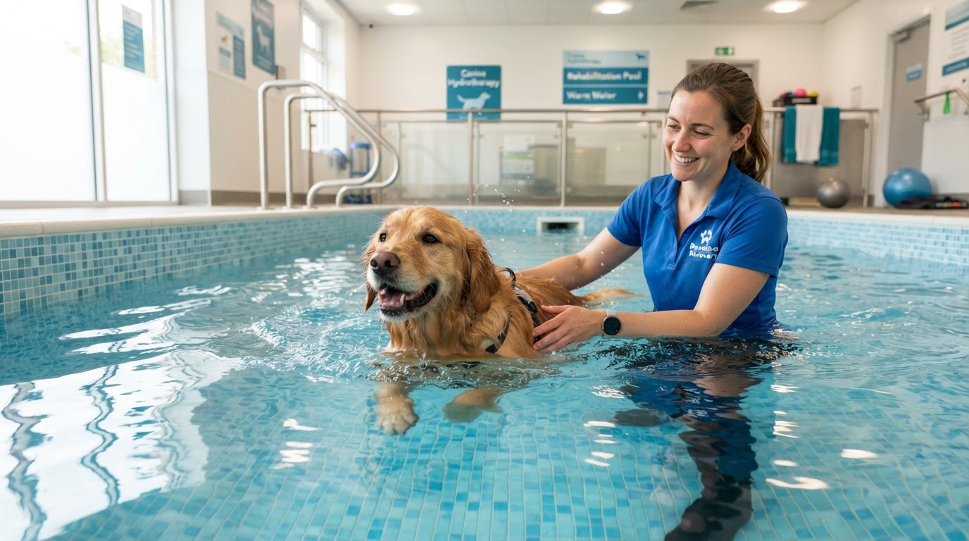 Happy dog swimming in a clean heated indoor hydrotherapy pool with a trained staff member