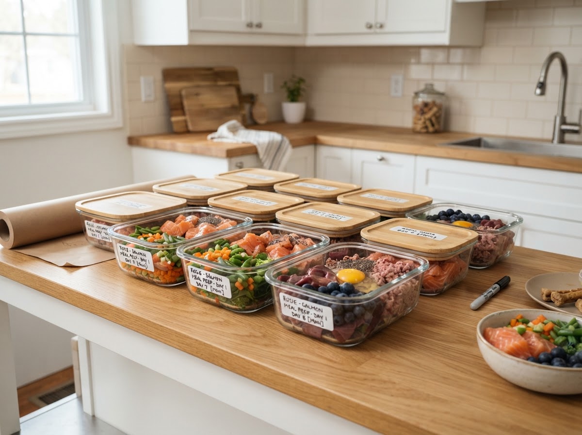 Rows of labeled glass containers with portioned fresh raw dog meals in a bright kitchen