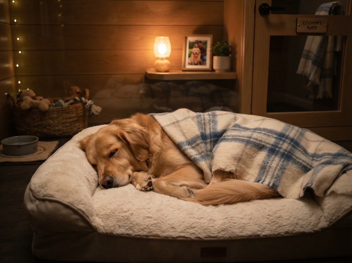 Dog sleeping peacefully curled up on a plush bed in a cozy boarding suite at night