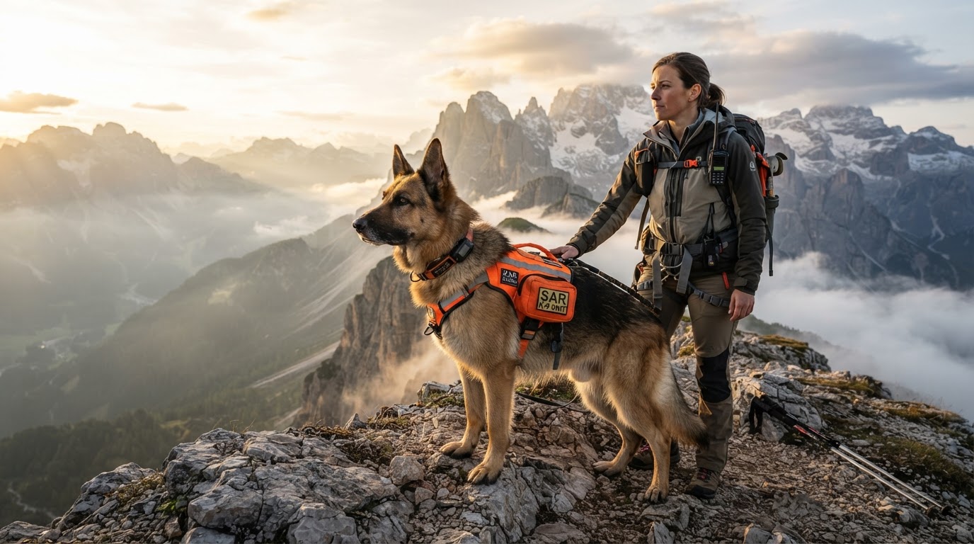 Search & rescue dog in tactical harness on a rocky mountain ridge at golden hour