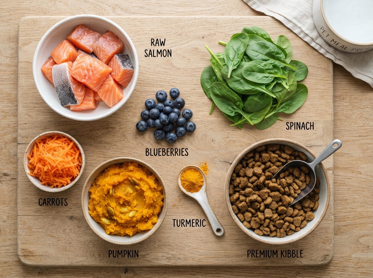 Overhead flat-lay of fresh whole pet food ingredients in bowls on a light wooden surface