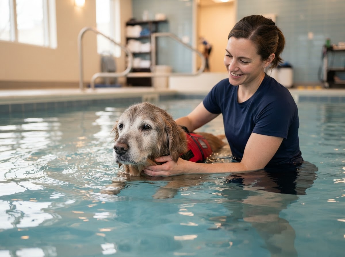 Senior dog with gray muzzle being gently supported in warm water during hydrotherapy