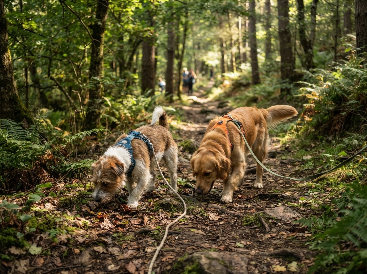Two happy dogs sniffing and exploring a forest trail together on a group hike