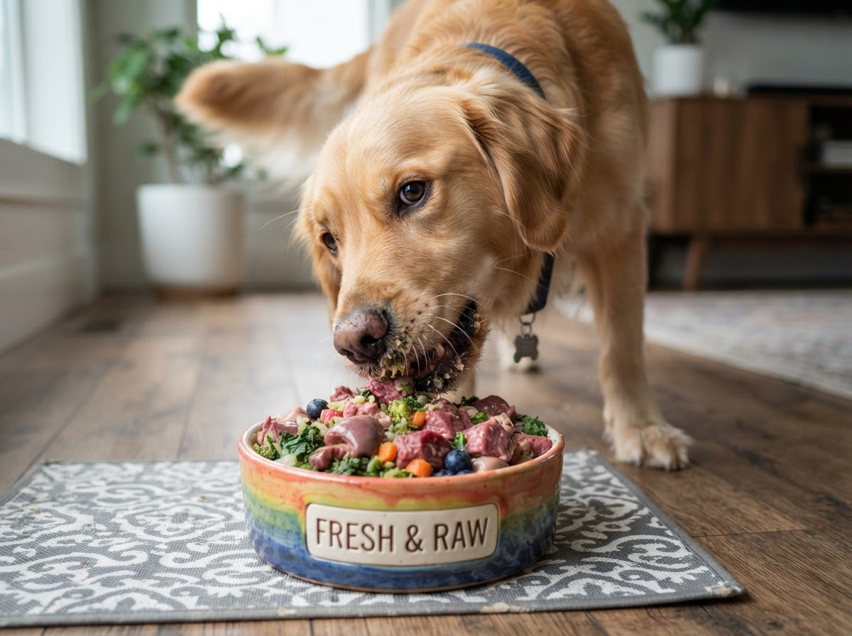 Happy dog eagerly eating a fresh raw meal from a bowl with pieces of meat and vegetables