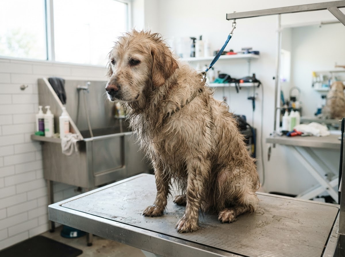 Wet muddy scruffy golden retriever on the grooming table before a spa groom