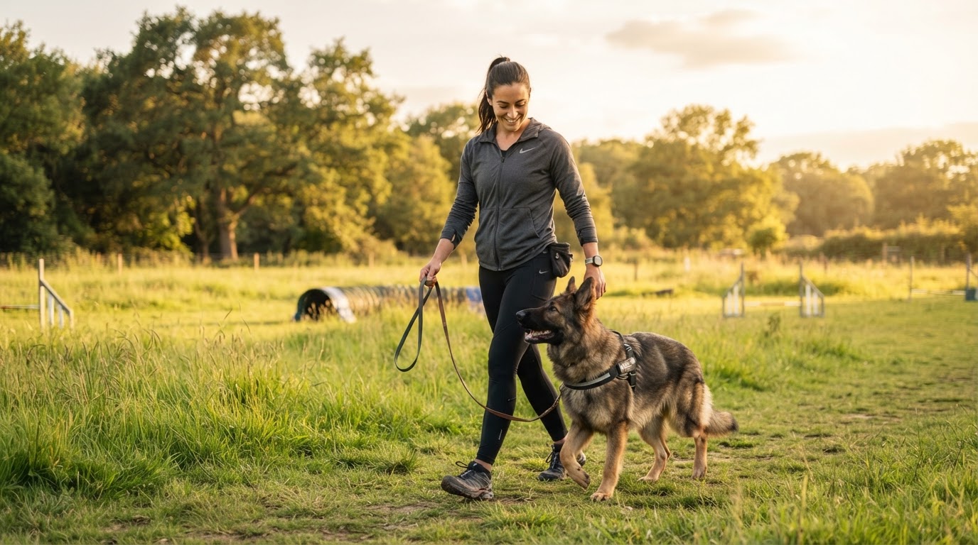 Dog trainer walking a calm, obedient German Shepherd on a loose leash in a sunny field