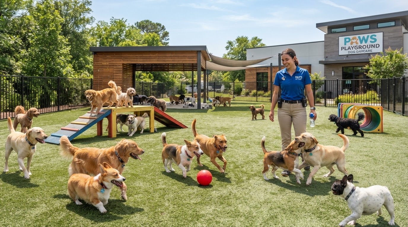 Bright modern cage-free dog daycare outdoor play yard with green turf and happy dogs playing