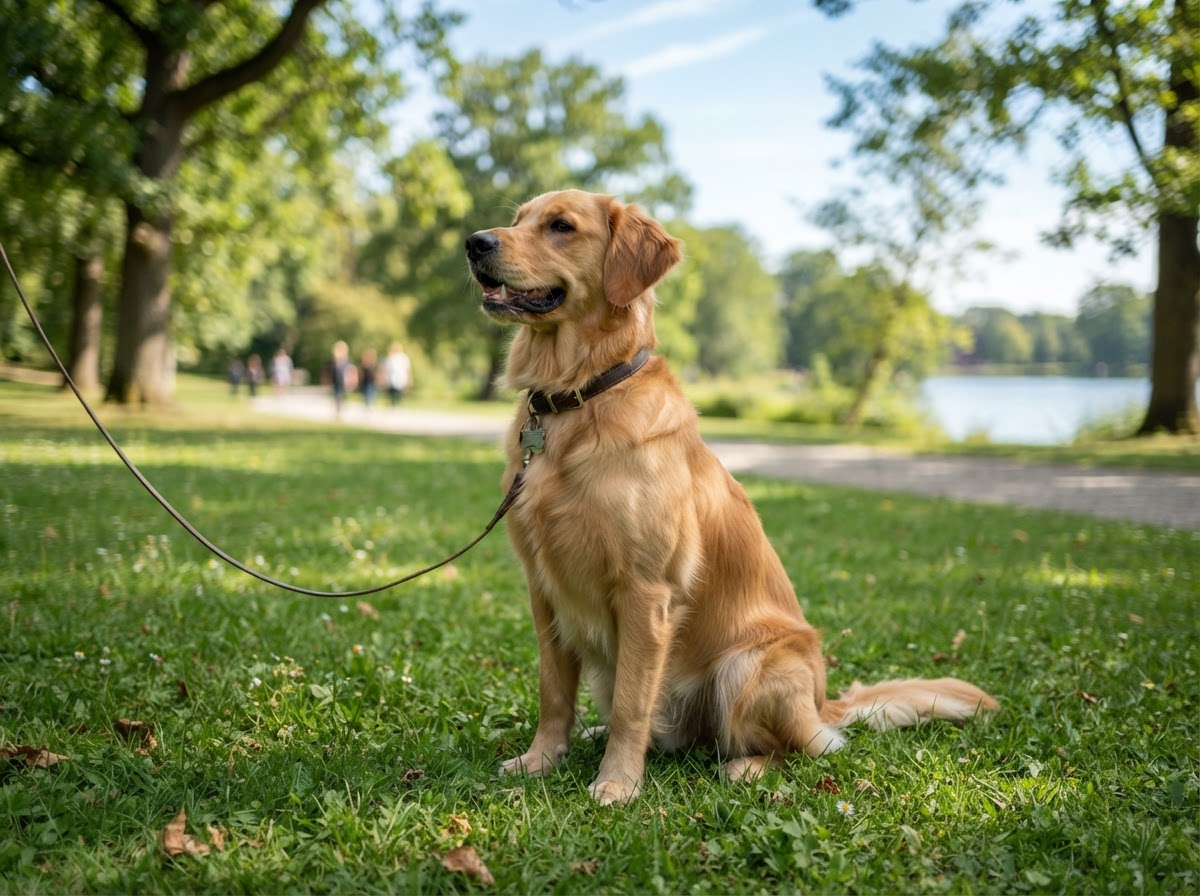 Happy well-trained dog performing a perfect sit-stay in a grassy park