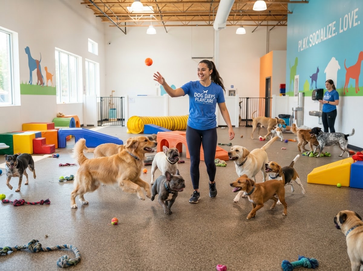 Happy dogs playing together with toys inside a bright cage-free dog daycare playroom