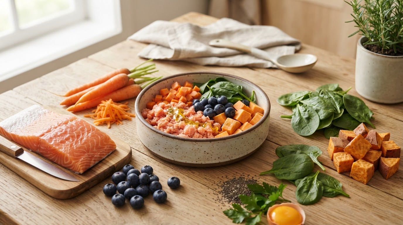Fresh whole pet food ingredients — salmon, vegetables, blueberries — arranged with a ceramic bowl