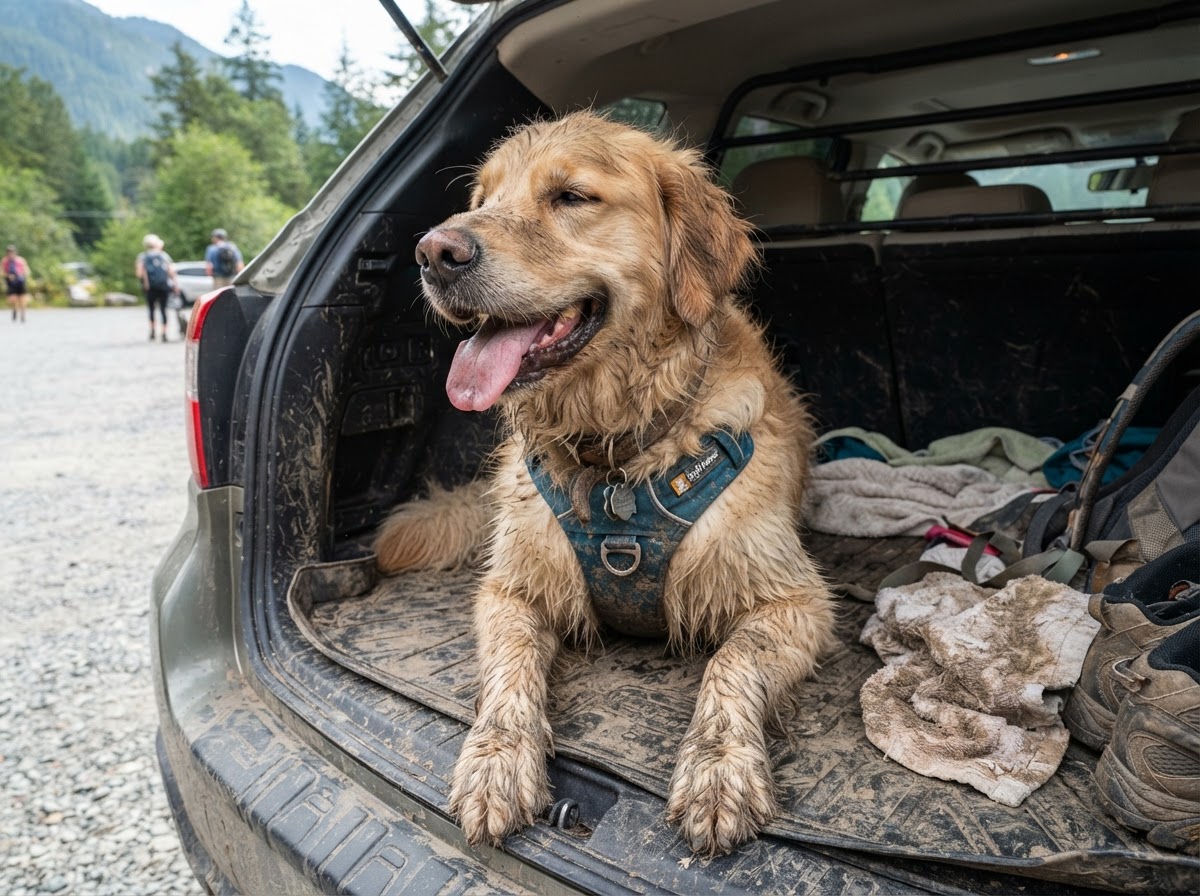Tired happy dog with tongue out sitting in the back of an SUV after a muddy hike