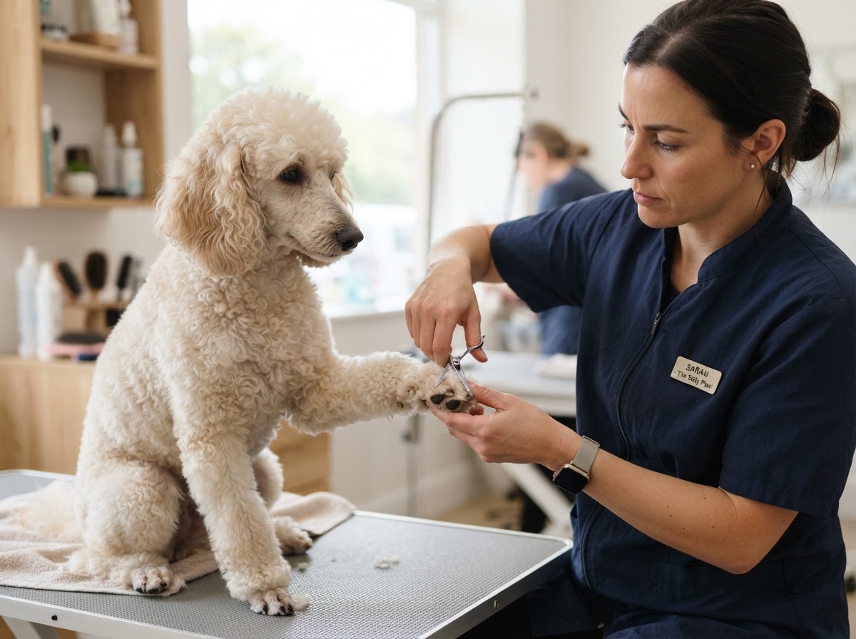 Dog groomer carefully trimming a calm standard poodle's paw with scissors