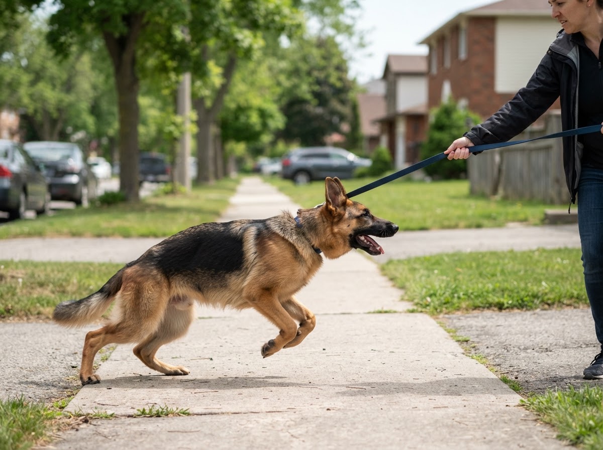 Excitable German Shepherd pulling hard on the leash before training on the sidewalk
