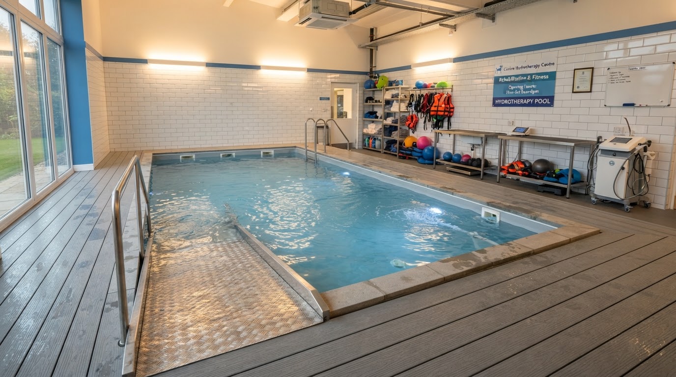 Clean modern indoor canine hydrotherapy pool room with clear blue heated water and recovery equipment